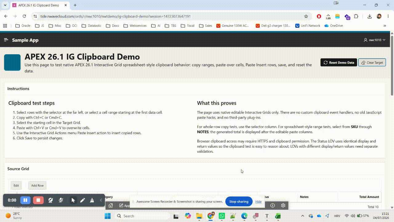 Oracle APEX 26.1 Interactive Grid demo showing native clipboard copy, paste and paste insert behavior