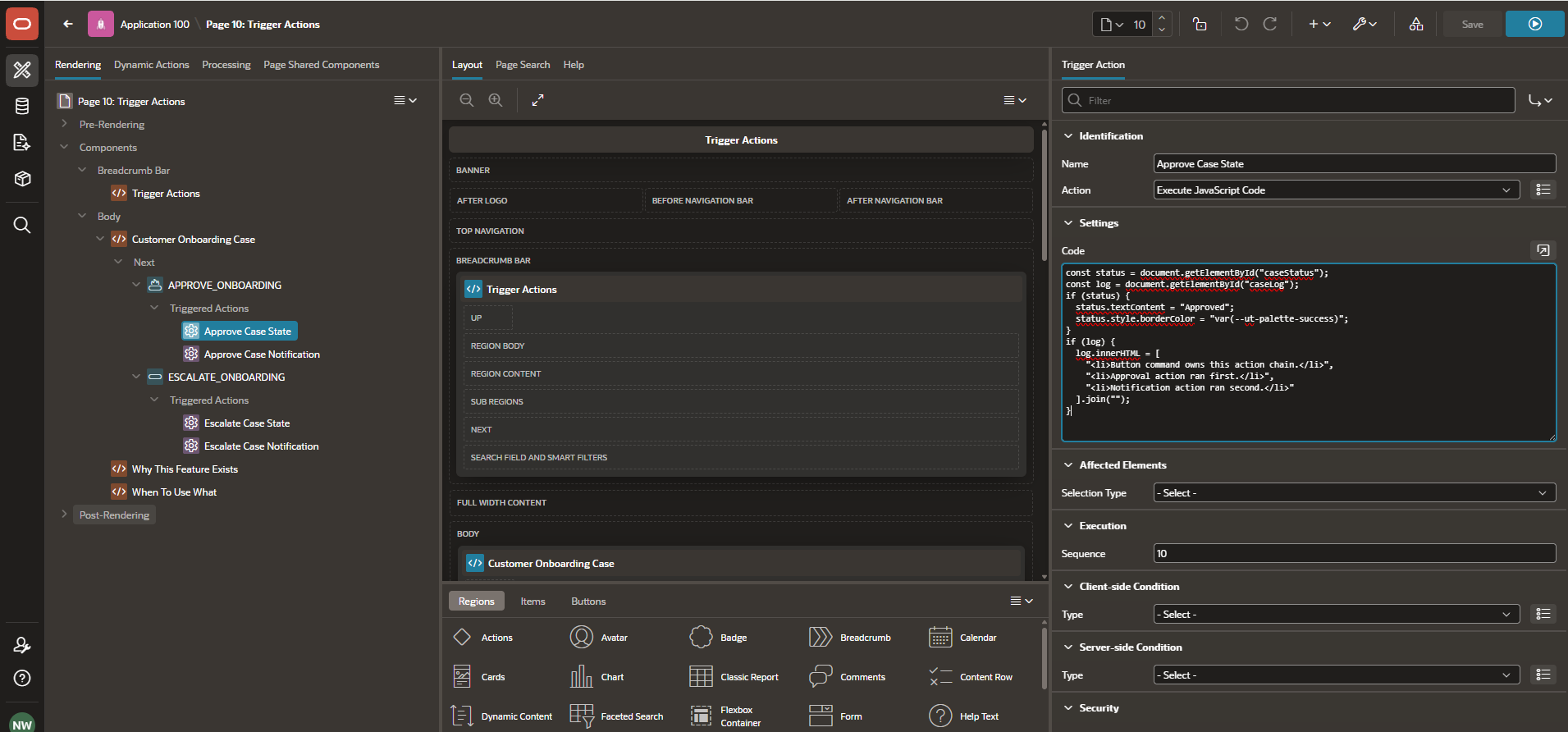 Oracle APEX Page Designer showing Triggered Actions configured under a button command