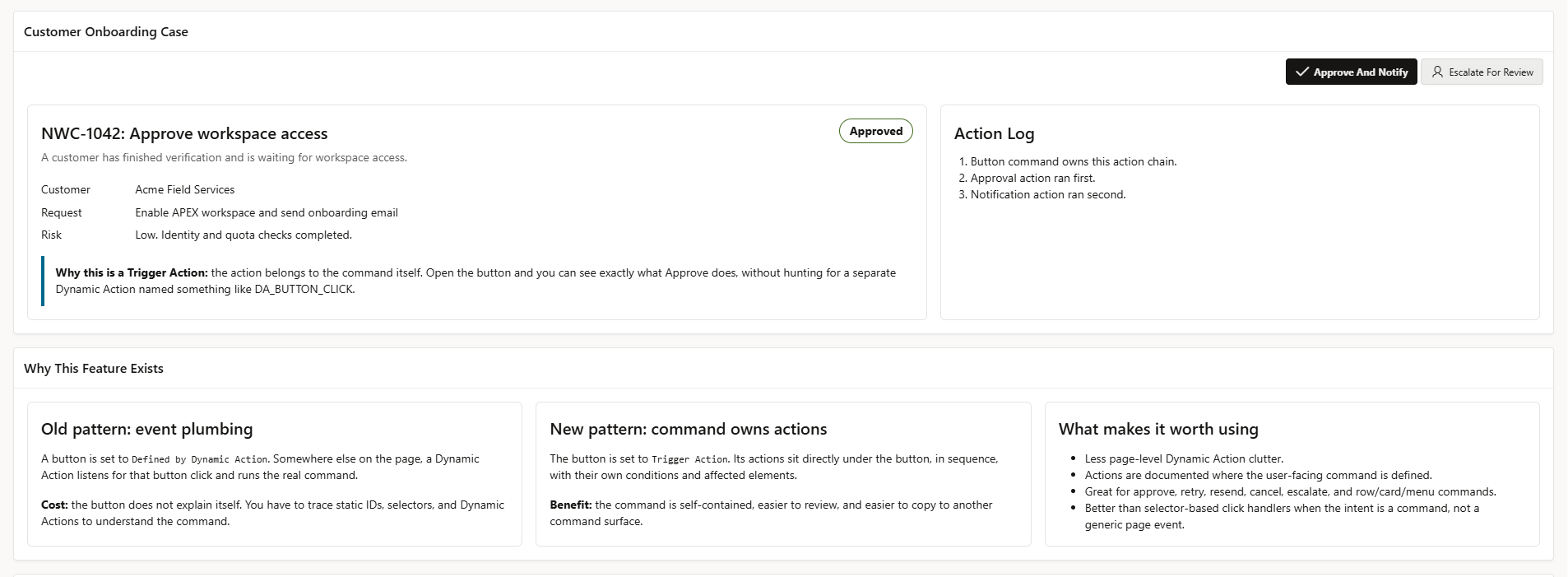 Oracle APEX runtime example showing an Approve And Notify command and action log